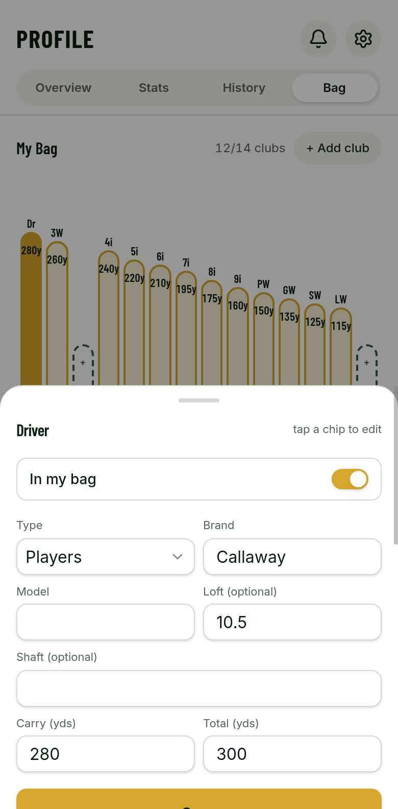 Gimmes Bag club edit with carry distance used for GPS club suggestions